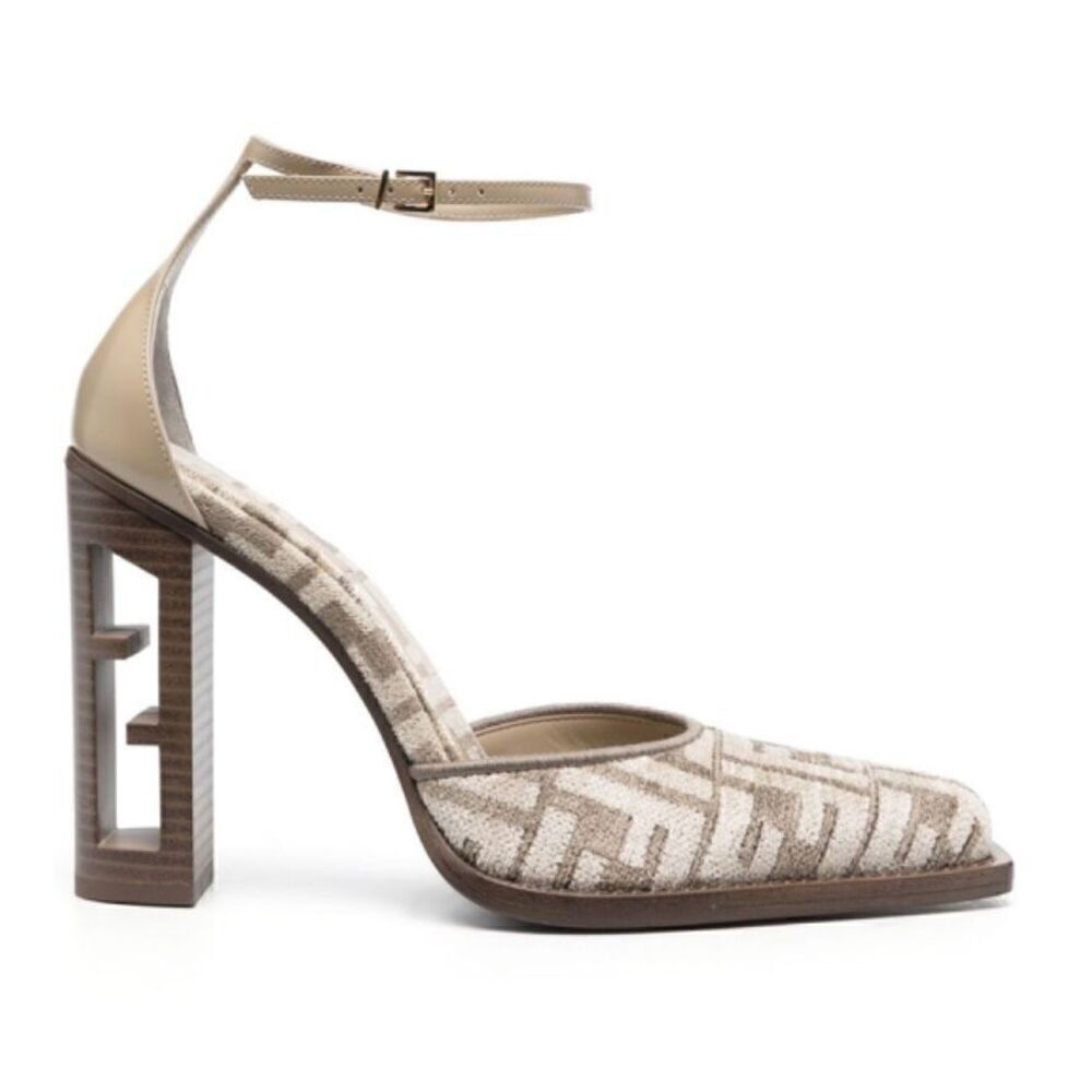 Fendi Monogram Jacquard FF-Logo Print Pointed Toe Ankle Strap High Heel Size 41